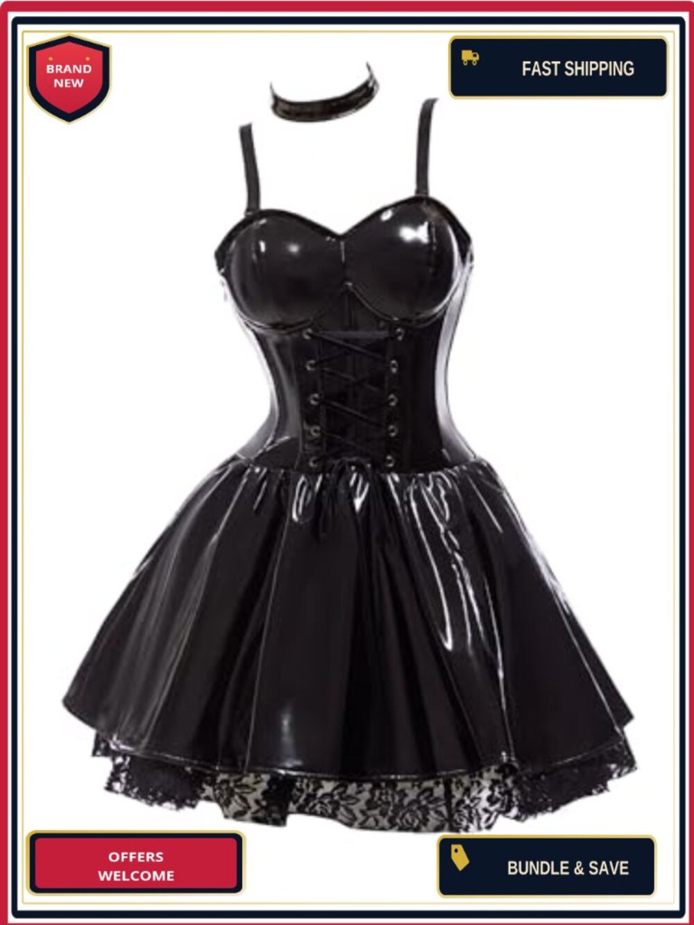 Goth Cosplay Costume Dress Set with Stockings Garters Choker Lace PU Leather